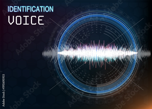 A visual shows sound waves linked to voice identification technology. This design uses colors and shapes to represent audio signals. The concept relates to voice recognition systems.