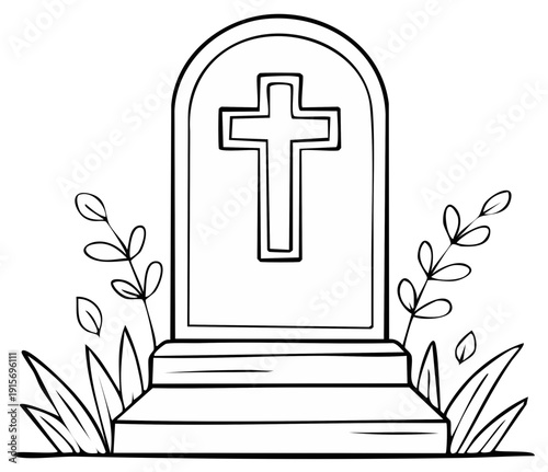 Grave with Cross and Plants Line Drawing, Remembrance Day, Cemetery Decoration