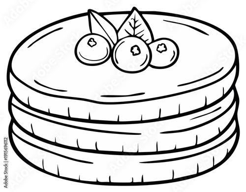 Simple line art illustration of breakfast pancakes topped with fresh blueberries and leaves