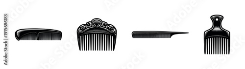 Comb flat vector icons set: stylish, vintage hair combs collection in black and white