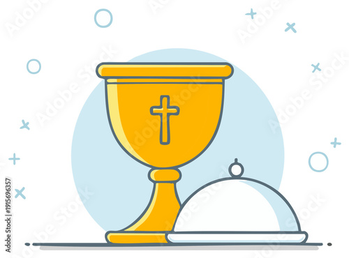Golden chalice with Christian cross symbol and covered plate, illustration, for spiritual and church celebrations