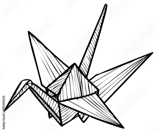 Black and White Sketch of an Origami Crane
