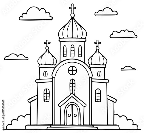 Ornate Orthodox Church Illustration with Three Crosses and Decorative Clouds