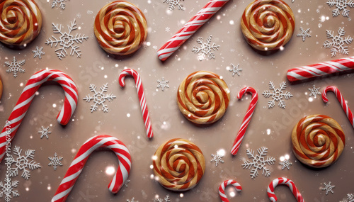 Candy Canes and Christmas Sweets Flat Lay on Wooden Table