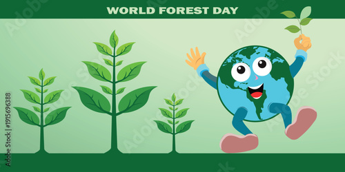 World Forest Day cartoon earth mascot with trees. Environmental protection, green planet awareness and eco friendly campaign vector design.