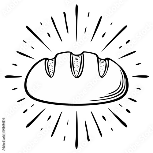 Hand drawn bread loaf with sunburst design illustration. Artisan bakery concept.