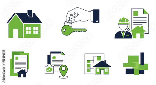 Essential icon set depicting the intricate stages of real estate development, home acquisition, and property transaction processes