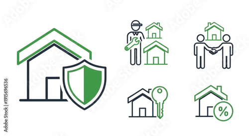 Collection of home and real estate related line icons depicting property services, ownership, transactions, and protection