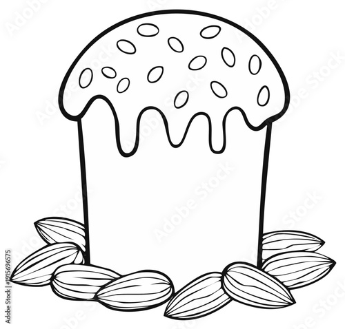 Outlined Easter cake with icing and almond sprinkles, decorated with almonds, line art.