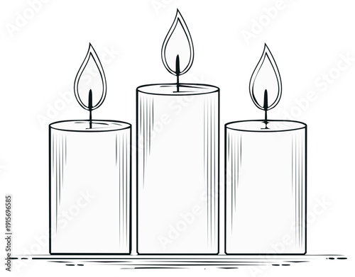 Three illuminated candles with flames, line art illustration for celebration, spirituality, relaxation.