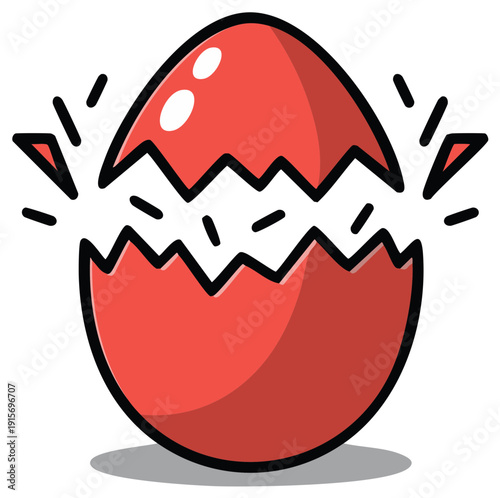 Cartoon cracked red egg with jagged opening, showing hatching and new life concept.