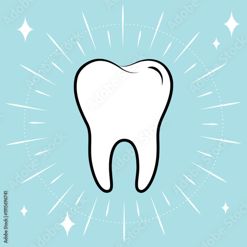A simple illustration of sparkling teeth for dentistry logo. Sparkling Clean teeth icon isolated on a turquoise background. Outline medical stomatology sign blue.