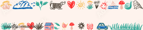 Hand-drawn children doodle banner. Nature, animals  and different playful objects in colorful crayon and marker style Illustration. Kids vector frame