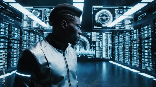 futuristic man in high tech facility analyzing data with advanced technology and futuristic interface controls and digital screens