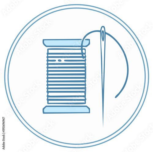 Minimalist Blue Thread Spool and Sewing Needle Icon Illustration for Crafting and Tailoring Projects