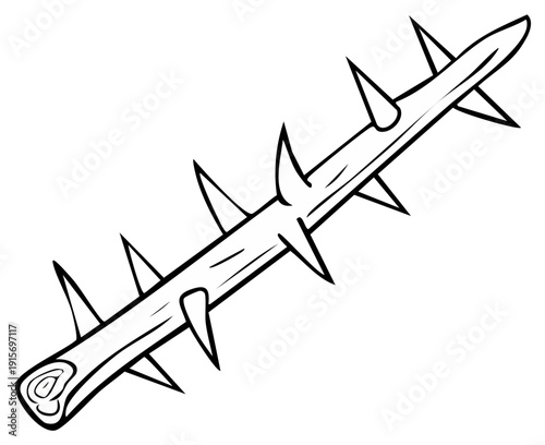 Hand-drawn illustration of a thorny branch, evoking danger, nature, and primal tools