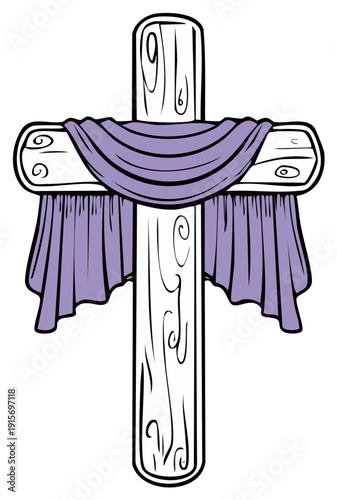 Cartoon wooden cross with a purple draped fabric.