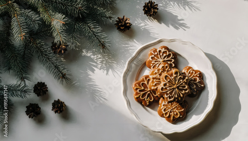 Christmas Cookies with Pine Branches on Rustic Table