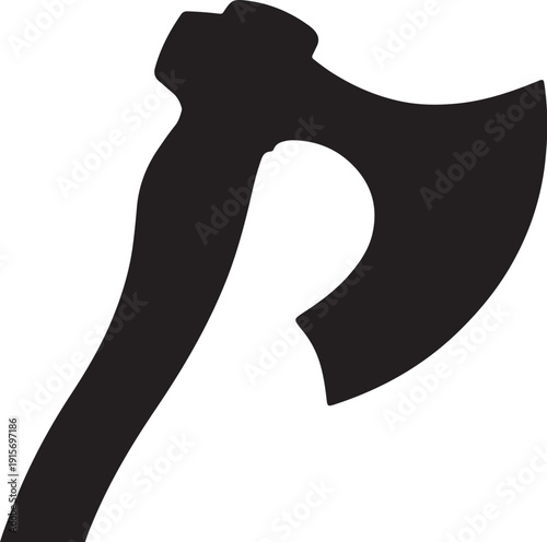 A single black silhouette of a medieval battle axe with a curved blade and wooden handle isolated on a transparent background