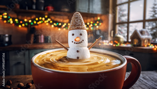 Snowman Cup on Hot Chocolate with Christmas Lights