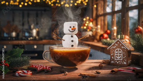 Snowman Cup on Hot Chocolate with Christmas Lights