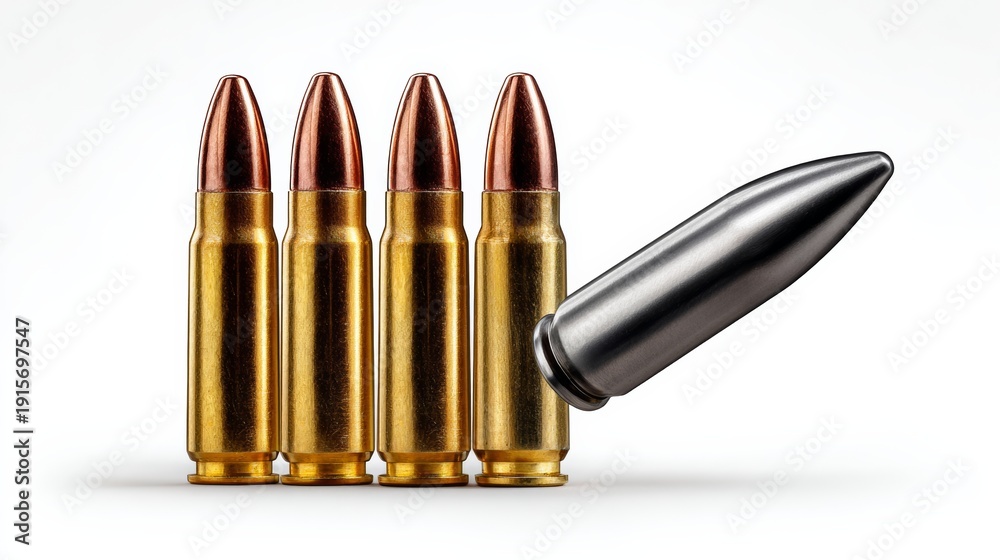 Obraz premium Four bullets are lined up next to each other, with one bullet pointing to the right. Concept of order and structure, with the bullets arranged neatly in a row