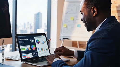 Business professional analyzing social media metrics and sales trends on laptop for marketing strategy and campaign optimization success