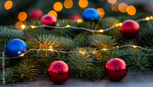 Christmas Ornaments and Pine Branches with Bokeh Lights