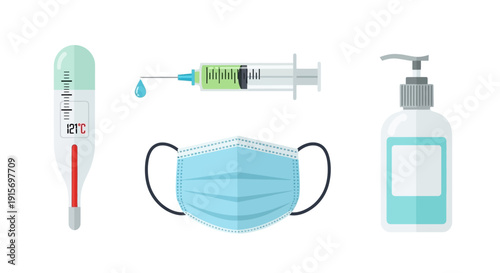 Thermometer Syringe Mask Hand Sanitizer Hygiene.