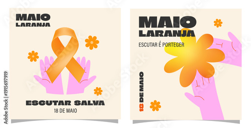 Maio laranga  set of square cards, social media posters, banners, child protect, awareness day, modern vector illustration