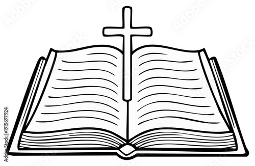 Open Holy Bible with Christian Cross Symbol Graphic Illustration Religious Faith