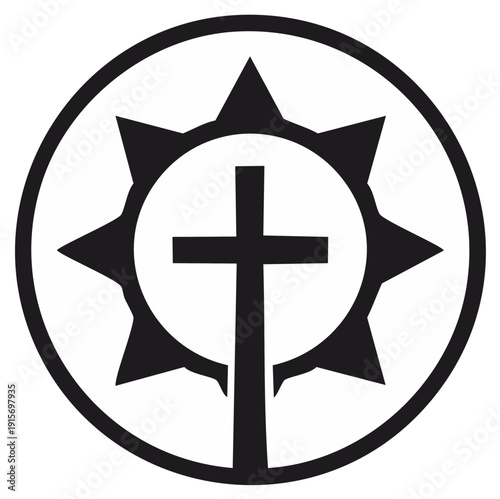 Christian Cross Inside Star Burst Circle Black and White Minimal Symbol Religion Icon Design Religious Faith Hope Spirituality Sign