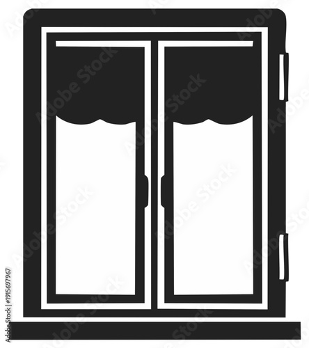 Double-hung window silhouette with decorative curtain design, graphic illustration.