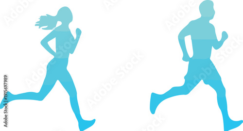 male female runner silhouette duo – blue flat vector running couple sport fitness marathon active lifestyle graphic islated background.