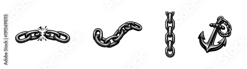 Anchor and chain icons collection: flat vector icons set, nautical symbols, marine graphics