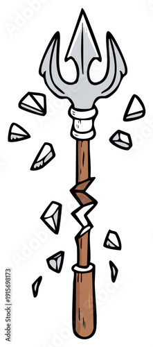 Cartoon trident weapon breaking apart with shattered pieces flying