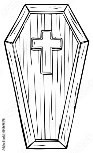 Wooden Coffin Outline with Cross Symbol for Halloween or Funeral Decoration