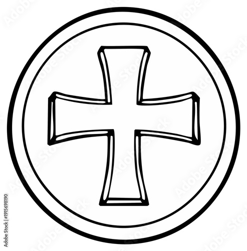 Black and White Outline Drawing of a Cross Symbol in a Circle
