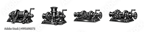 Winch machine graphics: flat vector icons set, industrial equipment designs