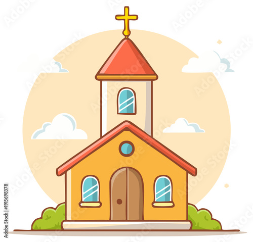 Cute Cartoon Church Building with a Christian Cross and Bell Tower Illustration