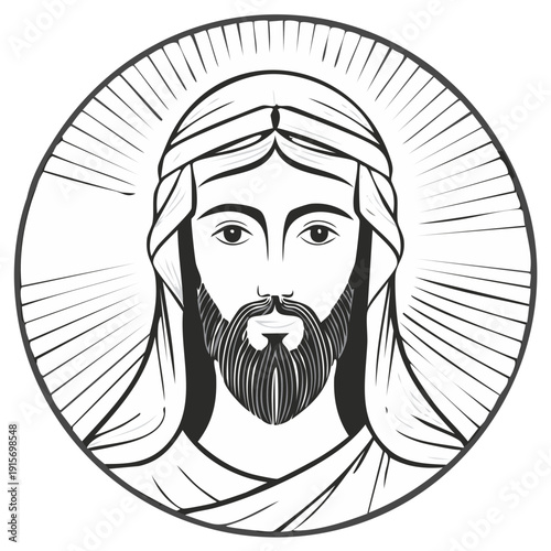 Religious drawing of a male figure with a beard and halo