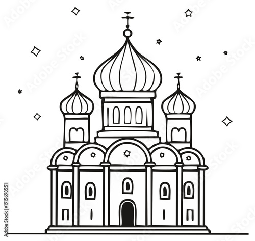 Orthodox Church Building Line Art Illustration With Crosses and Domes Outlined