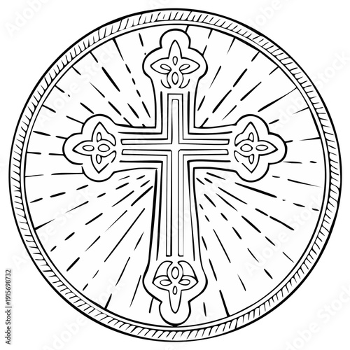Stylized Orthodox Christian Cross Emblem with Radiant Sunburst and Ornate Border