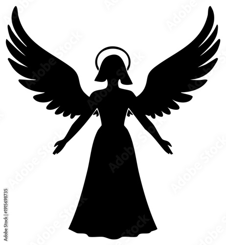 Black silhouette of a graceful angel with outstretched wings and halo symbolizing peace and spirituality