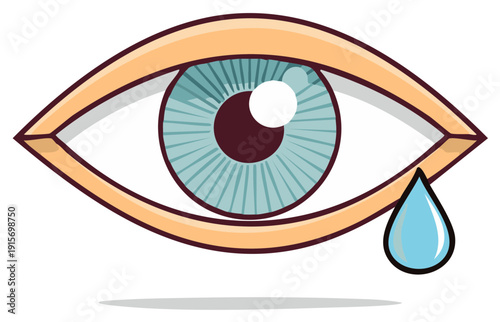 Cartoon eye with tear drop, illustration of human sadness or emotion concept