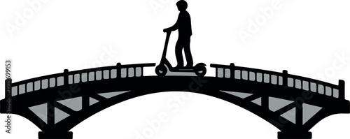 Man riding electric scooter across modern bridge