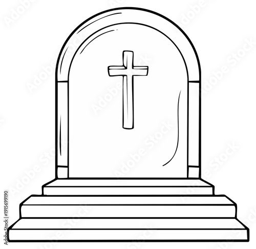 Stylized line art illustration of a gravestone with a cross on white