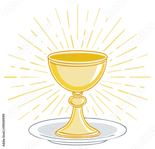Golden Chalice Goblet on a Plate Symbolizing Achievement, Award, Sacrament or Religious Ceremony with Radial Rays