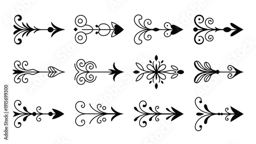 Ornate black arrow, collection with elegant swirly designs, and decorative floral vector elements perfect for vintage graphic projects and elegant design accents