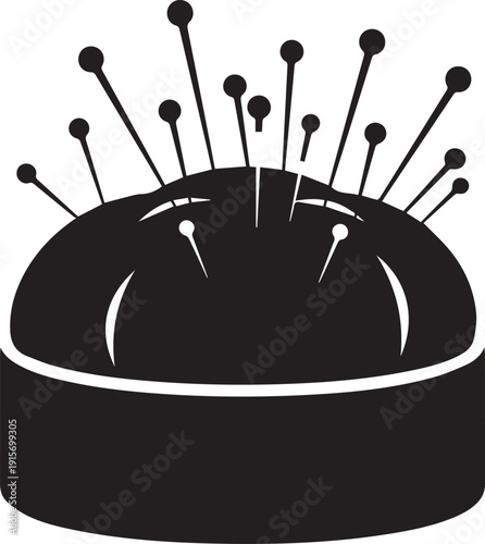 A black and white illustration depicting a pin cushion with sewing pins